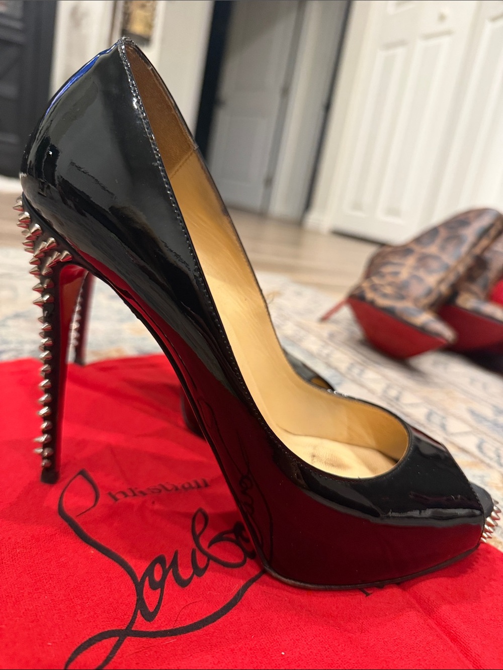 Christian Louboutin Black Patent Peep-Toe Pump w/ Studded Stiletto Heel